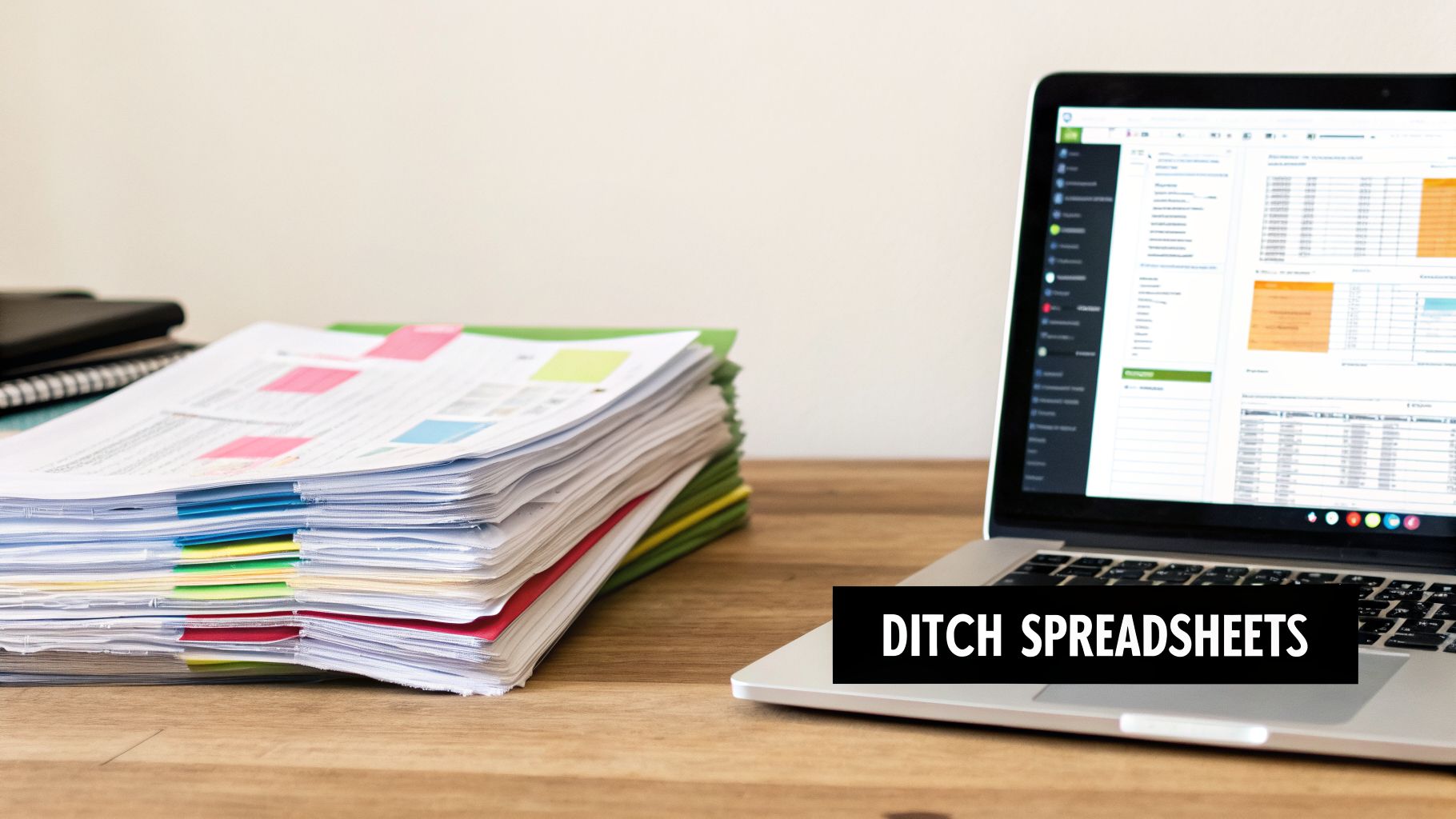 A desk with a large stack of documents and an open laptop showing data management software, with the text 'DITCH SPREADSHEETS'.