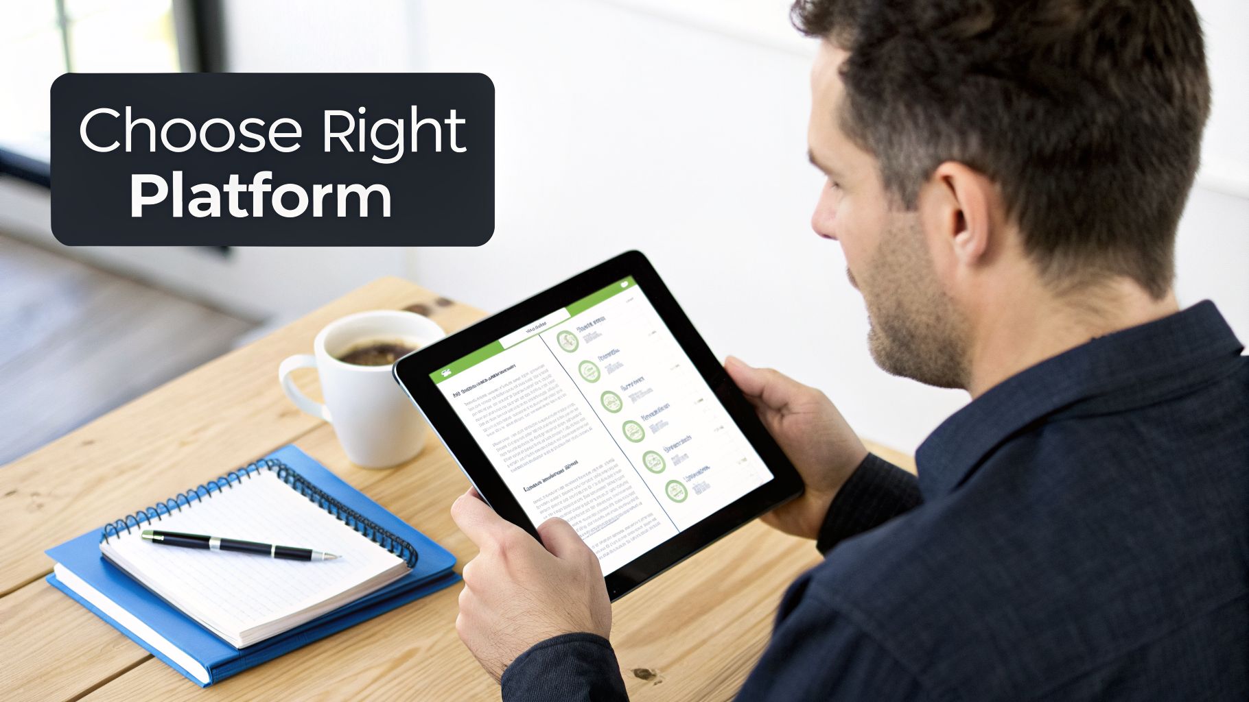 A man holds and looks at a tablet screen showing content, with a coffee mug and notebook on a wooden table.