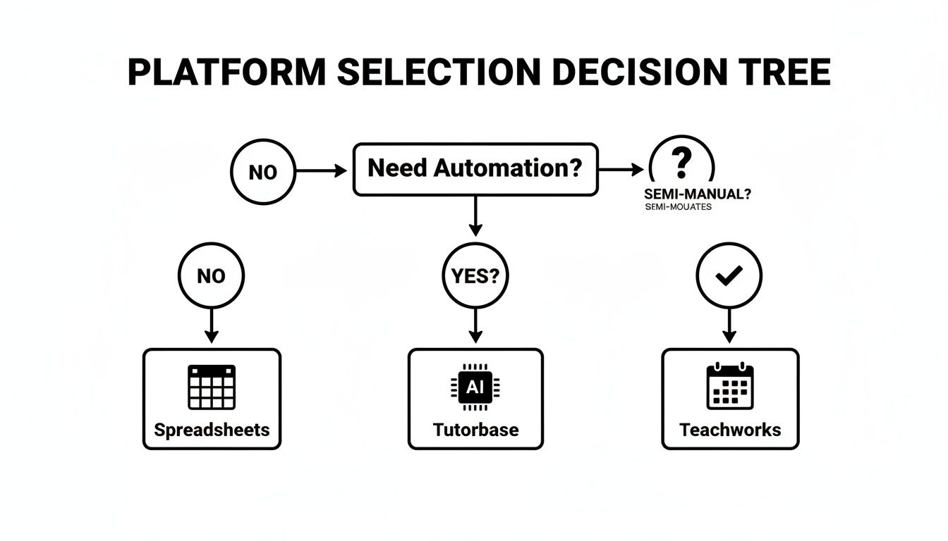 A platform selection decision tree outlining choices for automation, leading to Spreadsheets, Tutorbase, or Teachworks.