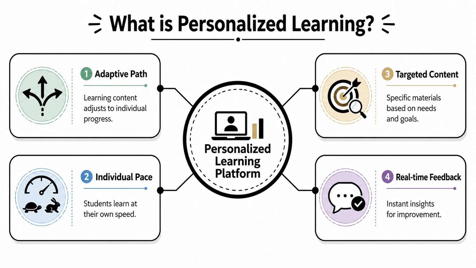 A diagram illustrating four key components of a personalized learning platform including pace, content, path, and feedback.