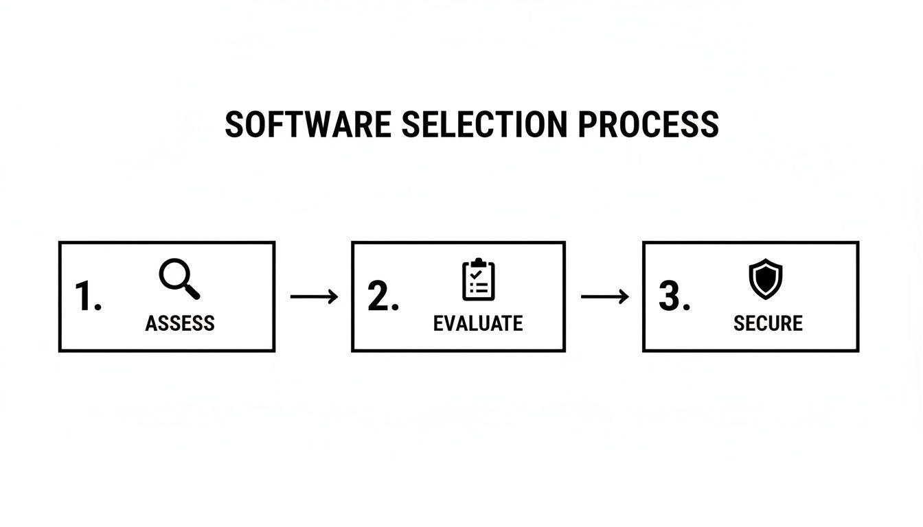 A three-step software selection process flowchart with icons: Assess, Evaluate, and Secure.