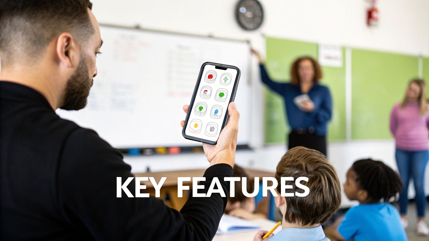 A teacher holds a smartphone displaying an educational app in a classroom with students.