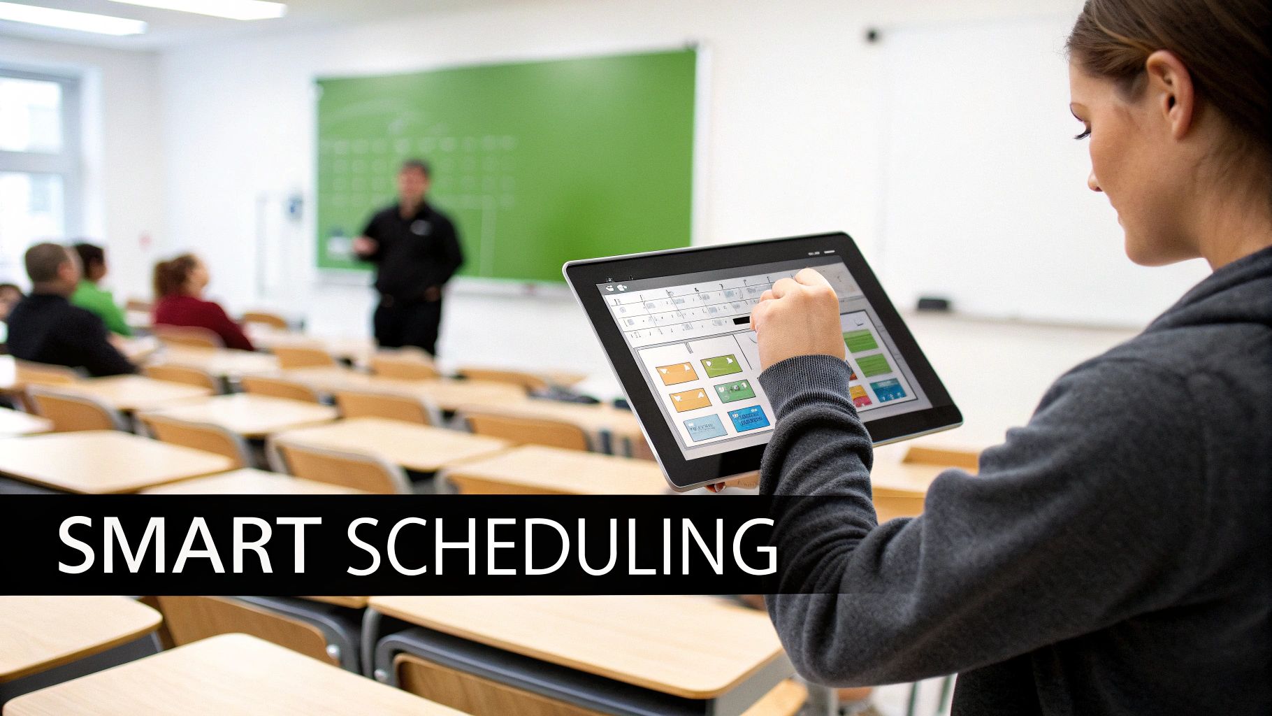 A student uses a tablet to manage schedules in a modern classroom setting.