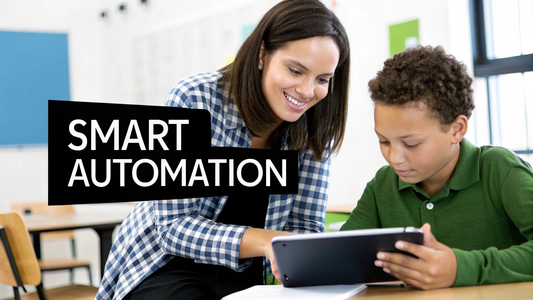 A smiling teacher helps a young student use a tablet in a modern classroom.