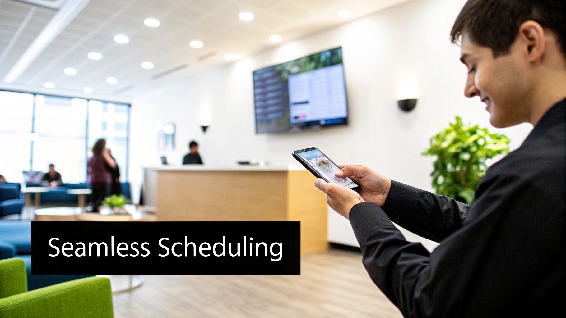 A man smiles while using a smartphone for scheduling in a modern office waiting area.