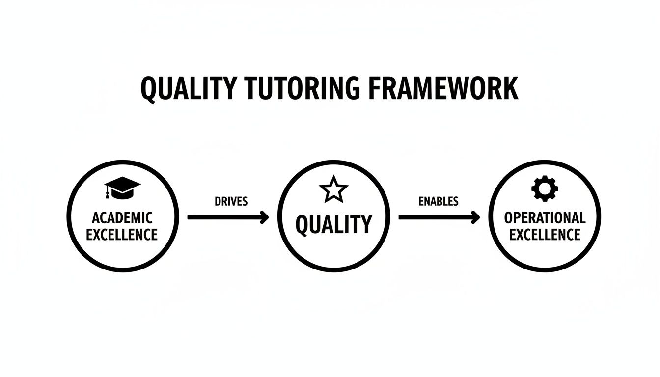 A diagram illustrating the Quality Tutoring Framework, where academic excellence drives quality, which enables operational excellence.