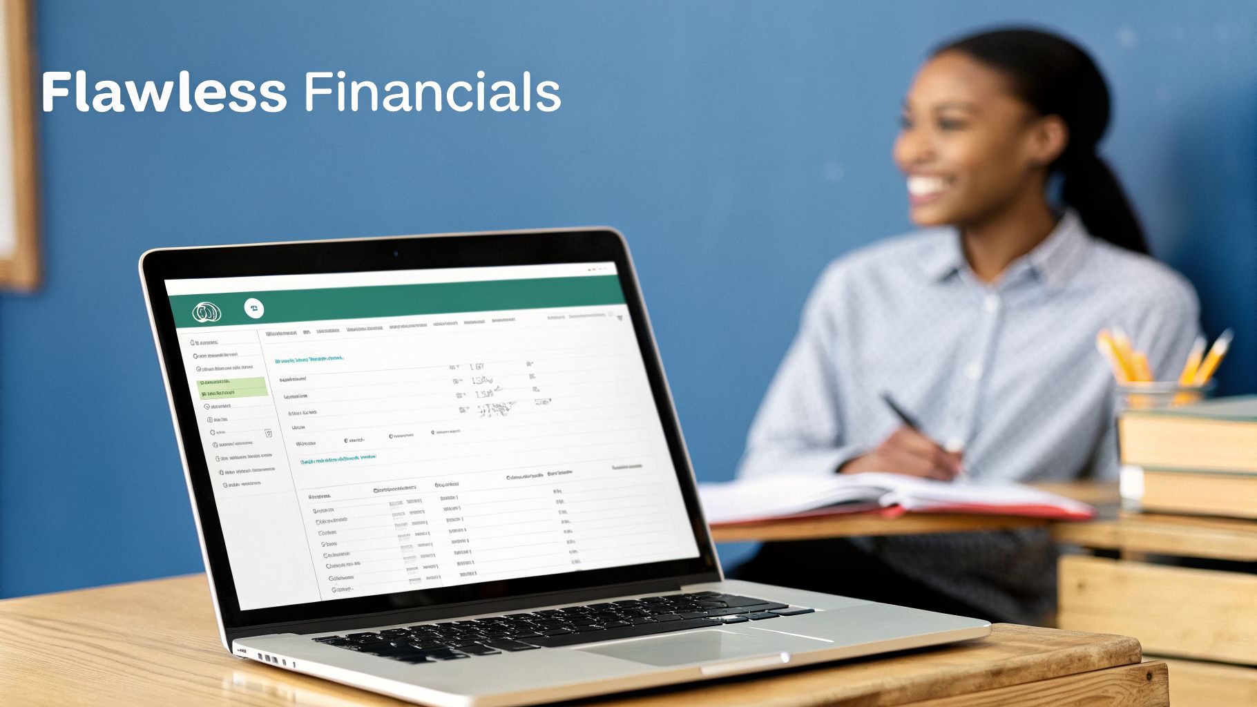 A young woman smiles while using a laptop with financial software on a wooden desk.