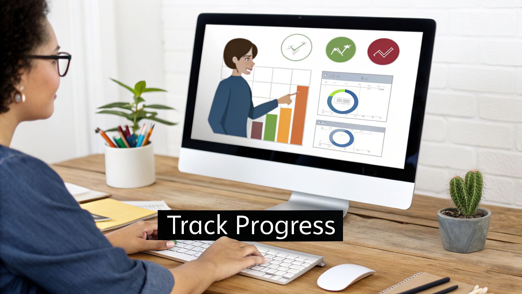 A person with glasses looks at a computer screen displaying progress charts and graphs, while typing on a keyboard.