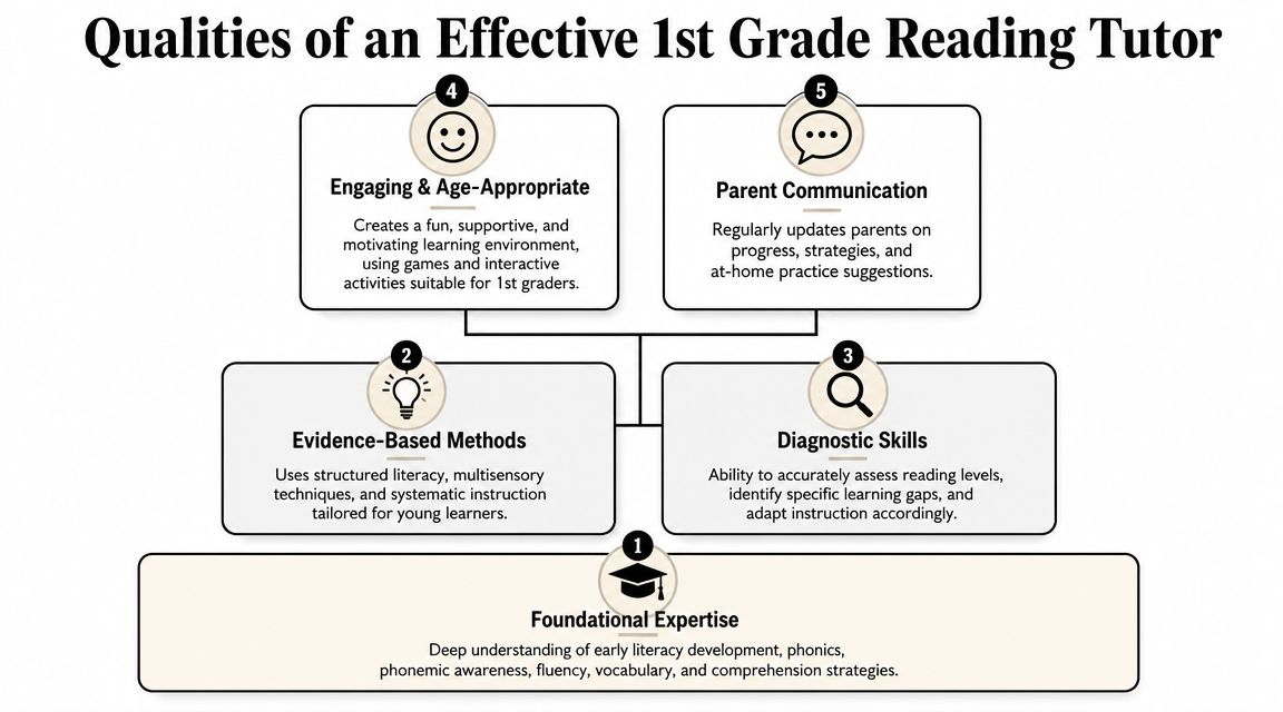 A diagram outlining the five key professional qualities required for an effective first grade reading tutor.