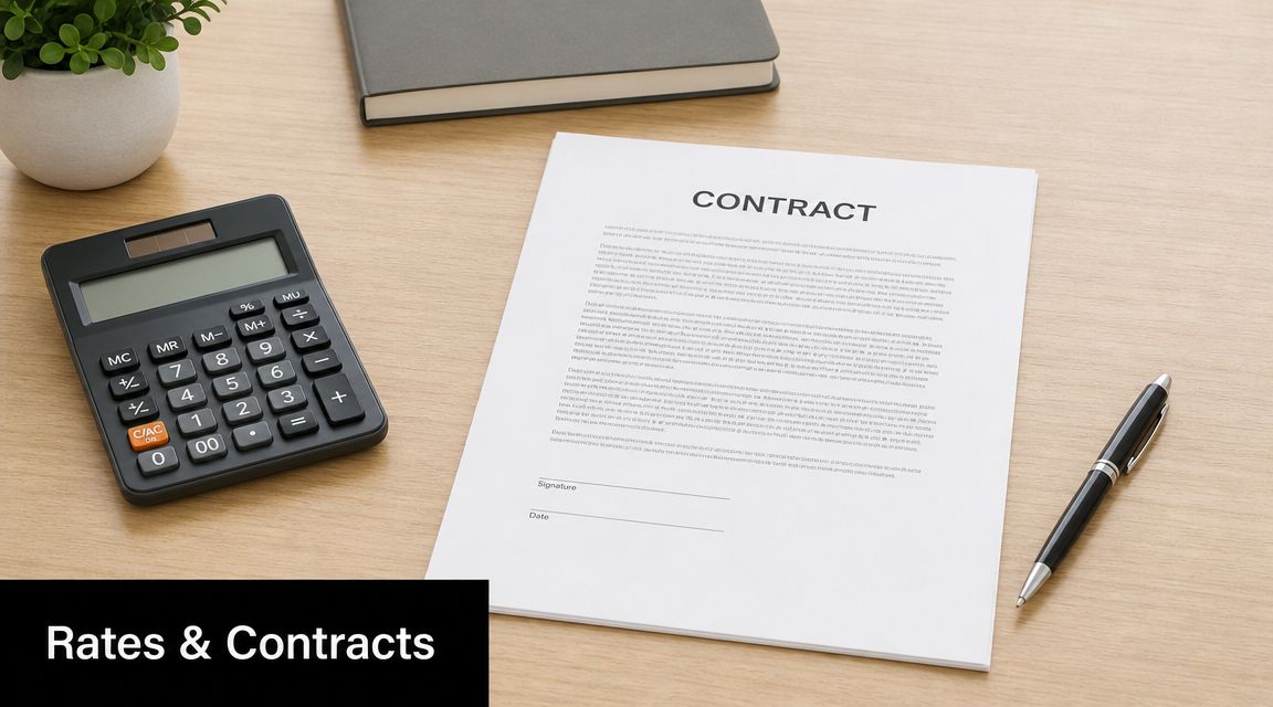 A contract, a calculator, and a black pen are neatly arranged on a light wooden desk surface.