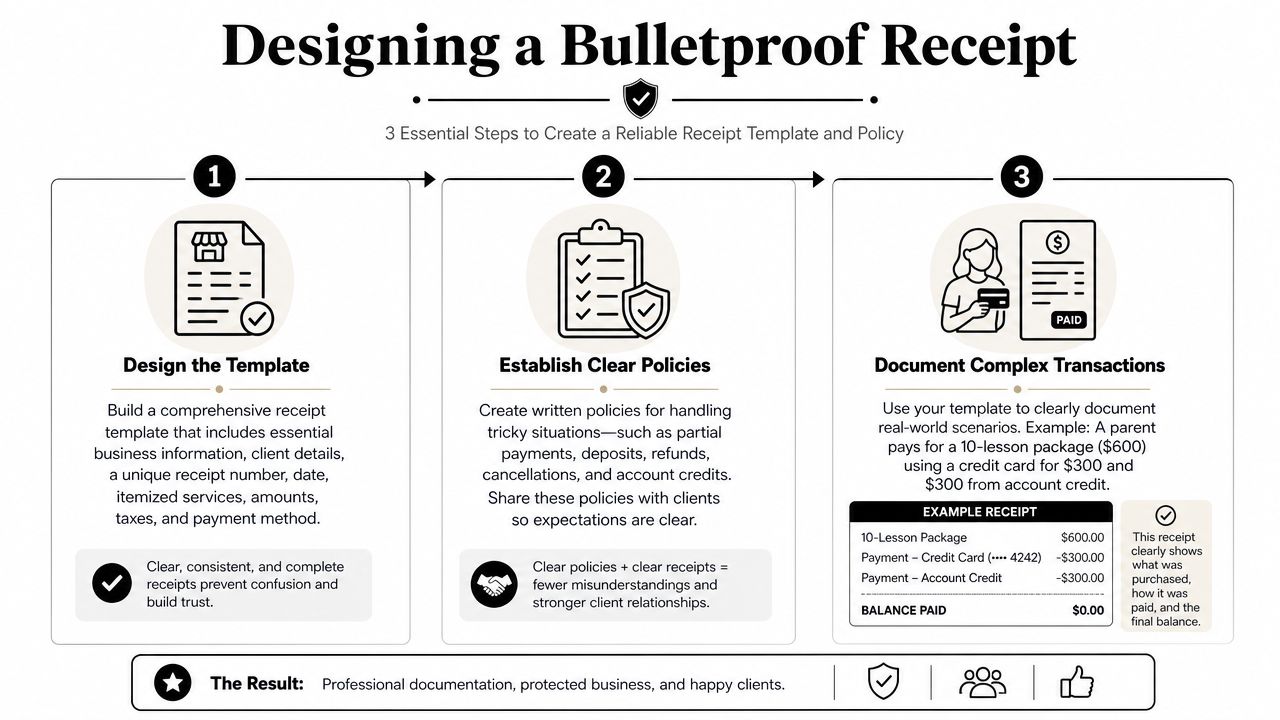 An infographic titled Designing a Bulletproof Receipt outlining three essential steps for creating professional and reliable payment documentation.