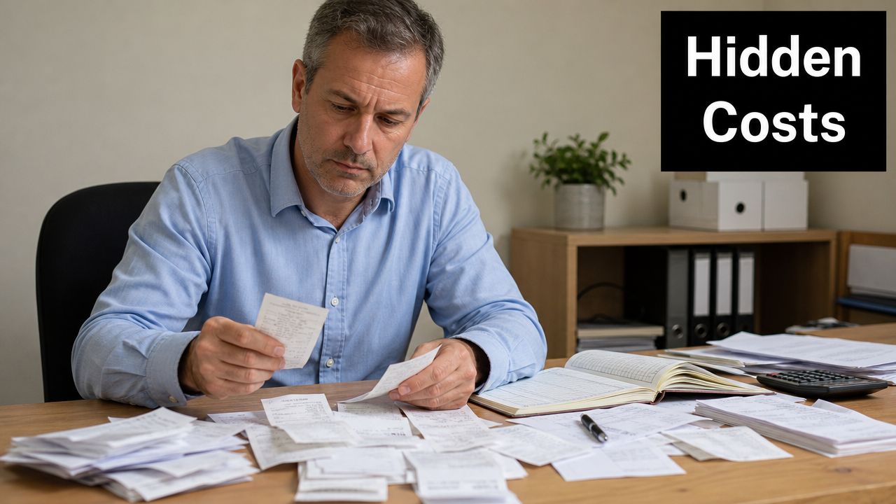 A middle-aged man reviewing multiple paper receipts while sitting at a desk with financial documents.