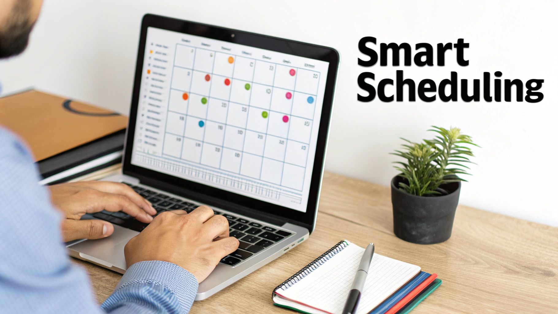A person uses a laptop displaying a calendar for smart scheduling on a wooden desk.