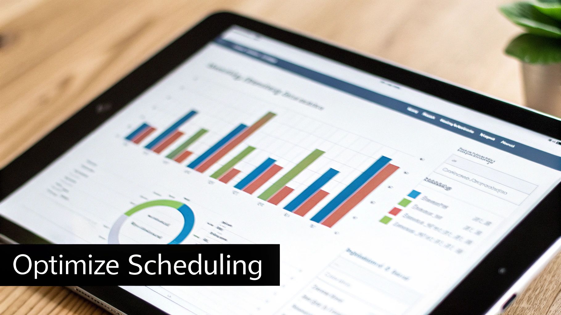 A tablet on a wooden desk displays colorful bar charts and a pie chart, with 'Optimize Scheduling' text.