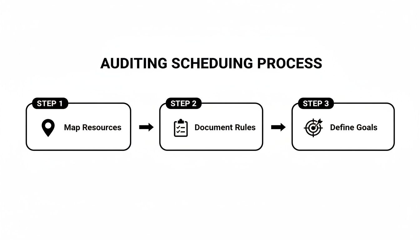 A three-step auditing scheduling process flowchart with icons for mapping resources, documenting rules, and defining goals.
