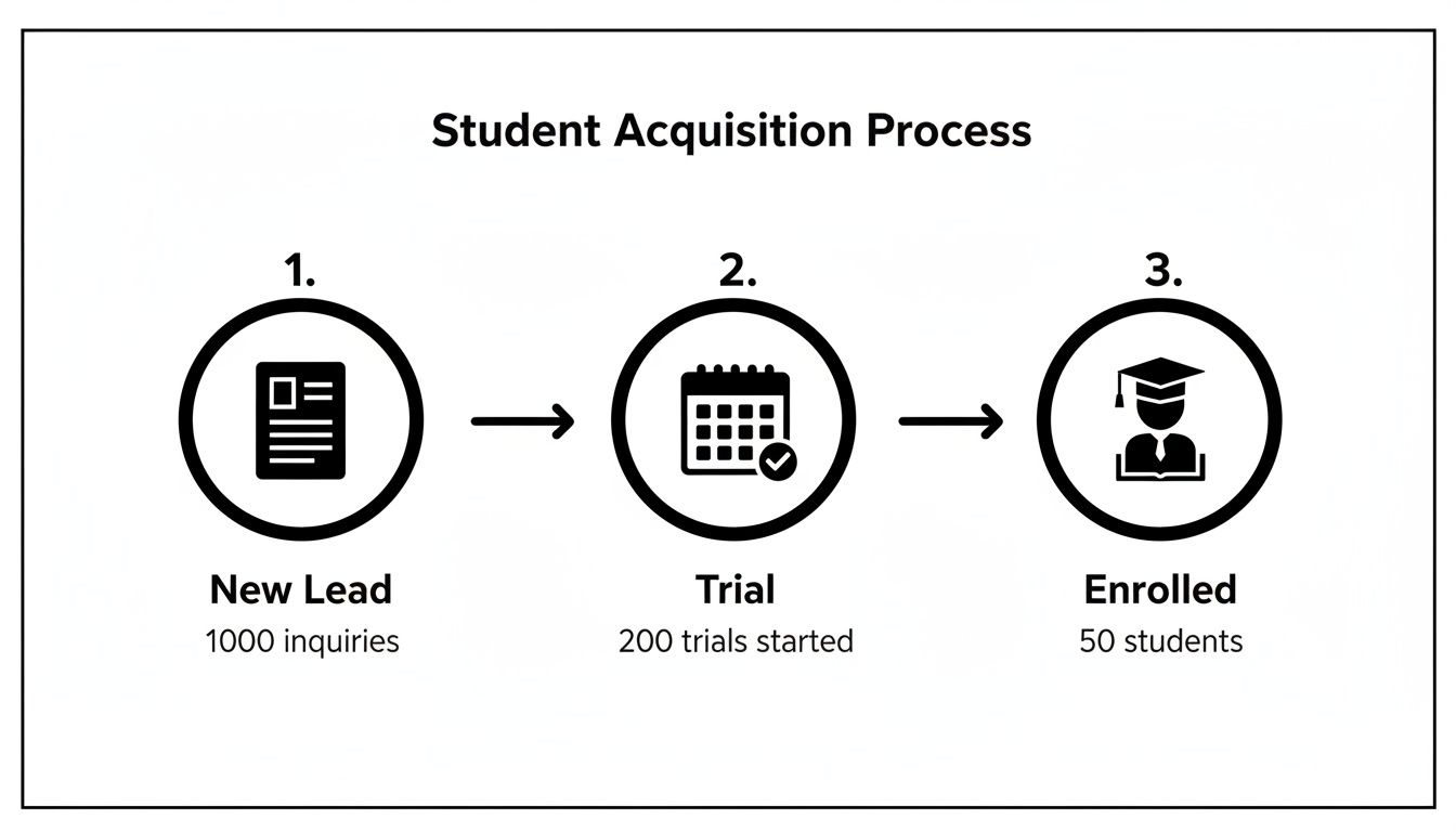 Flowchart illustrating the student acquisition process from new leads to enrolled students with conversion numbers.