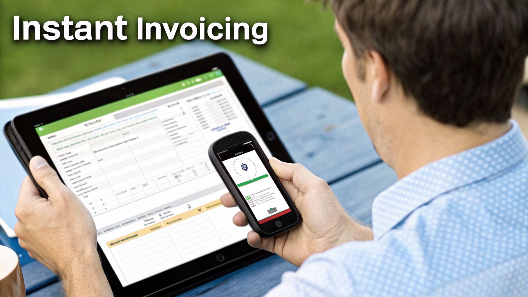 Man using tablet and smartphone for instant invoicing and scheduling outdoors.