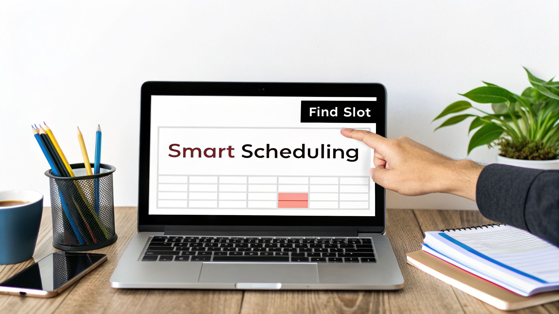 A hand points at a laptop screen displaying 'Smart Scheduling' and 'Find Slot' on a desk with office supplies.