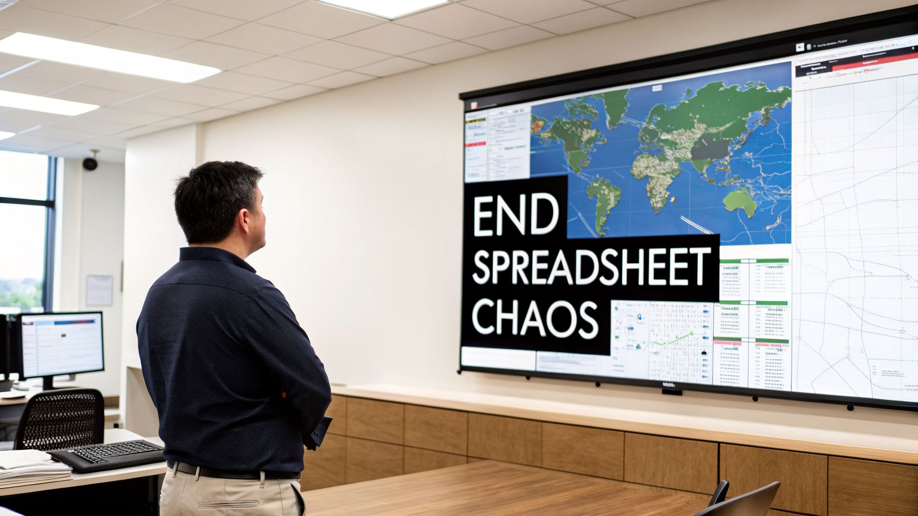 A man in an office looks at a large screen displaying a world map, charts, and the text 'END SPREADSHEET CHAOS'.