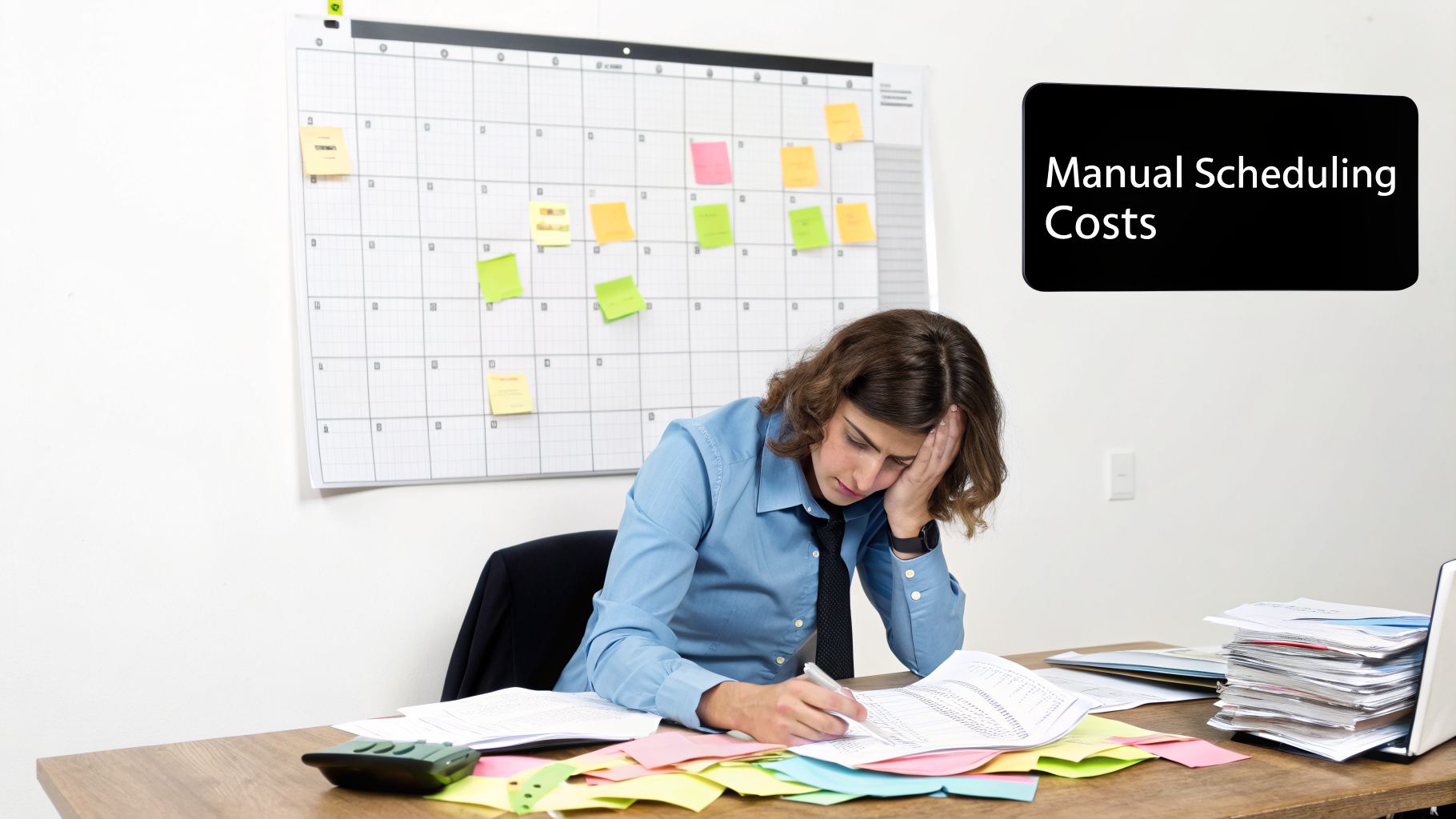 Stressed person at a desk overwhelmed by paperwork and a calendar, highlighting manual scheduling costs.