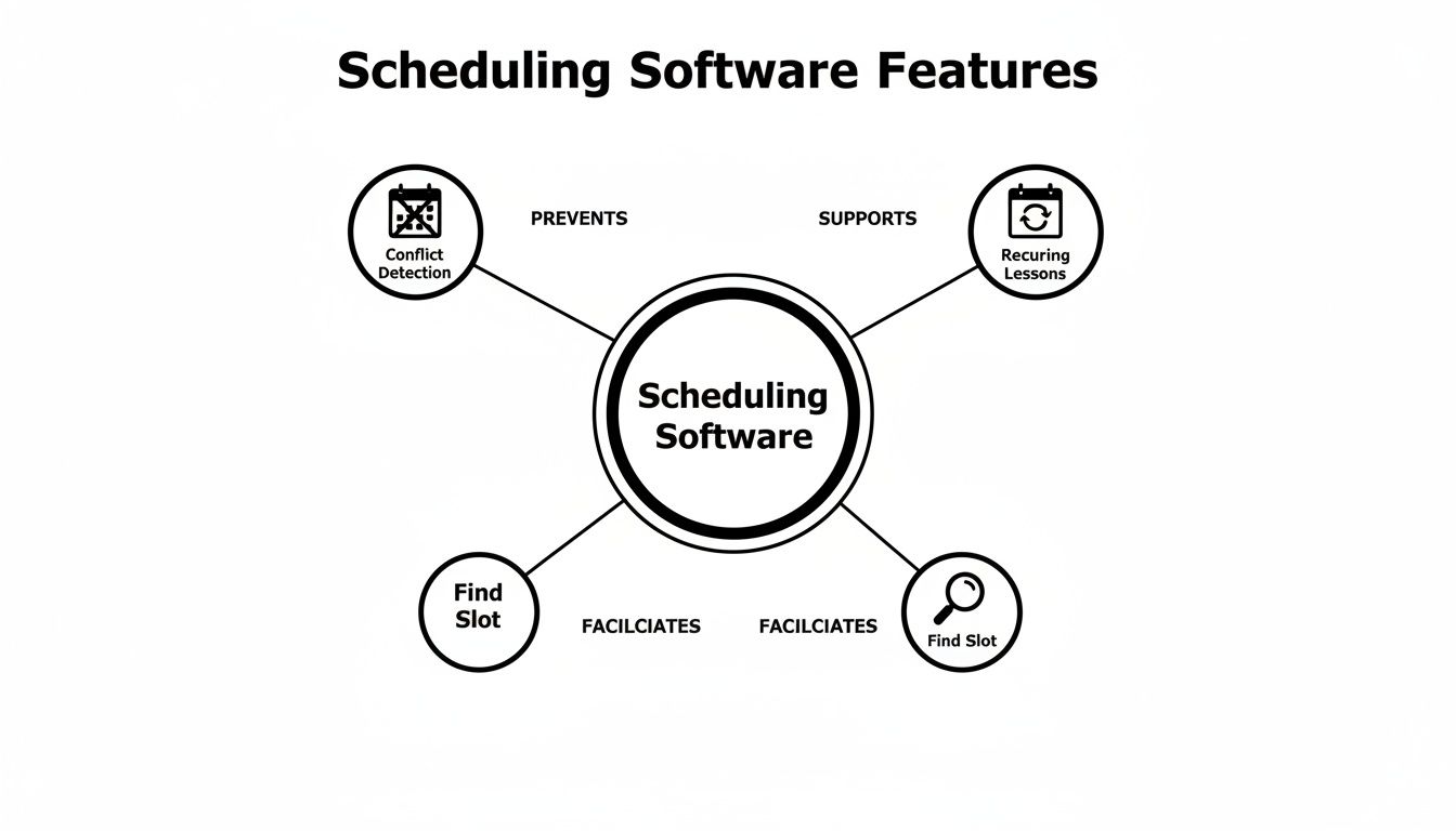 A mind map displaying scheduling software features, including conflict detection, recurring lessons, and finding slots.