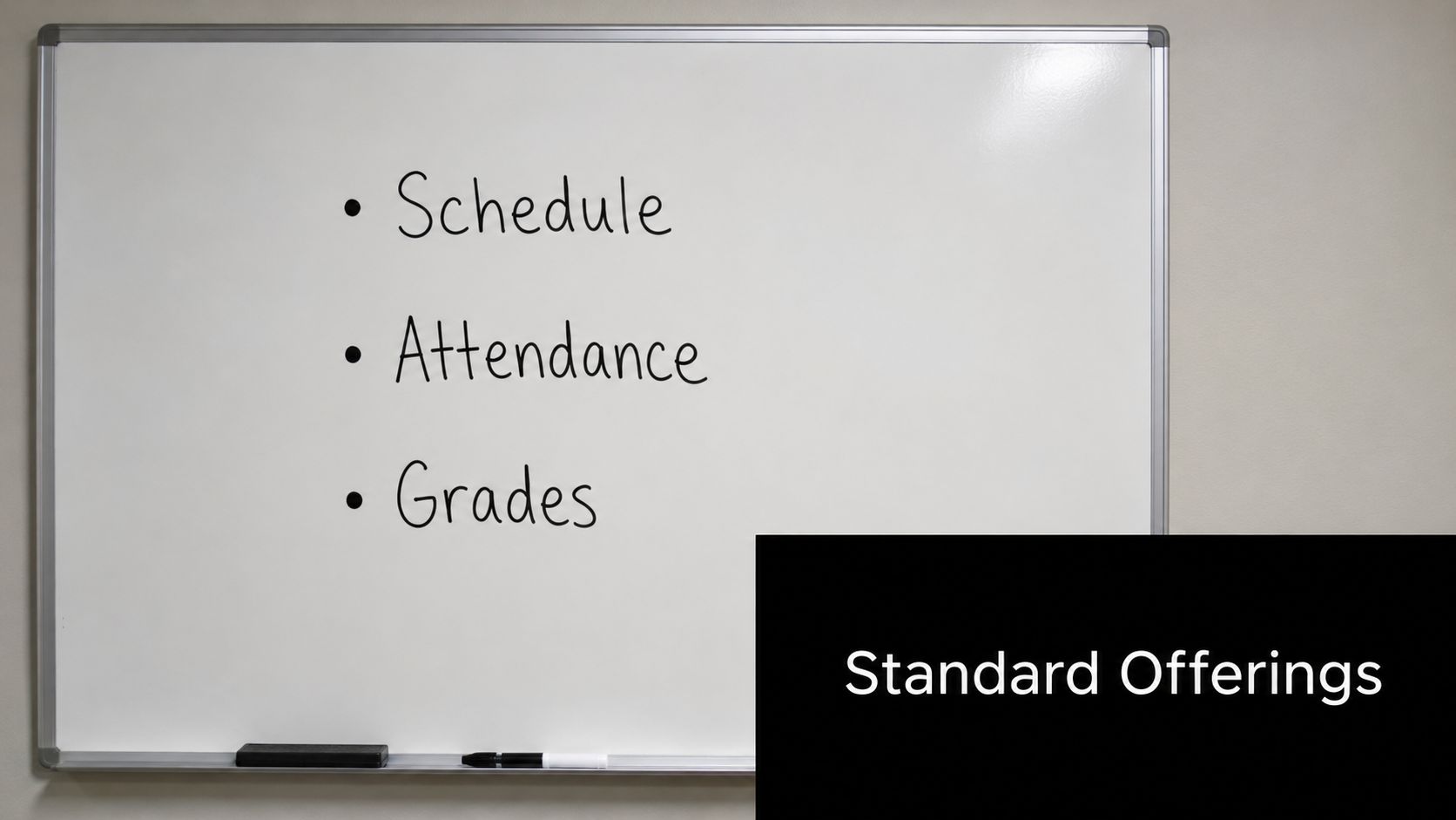 A whiteboard listing standard school management offerings including schedule, attendance, and grades for student tracking.