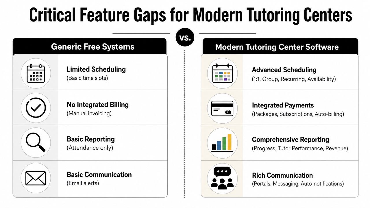 A comparison chart showing critical feature gaps between generic free systems and modern tutoring center software.
