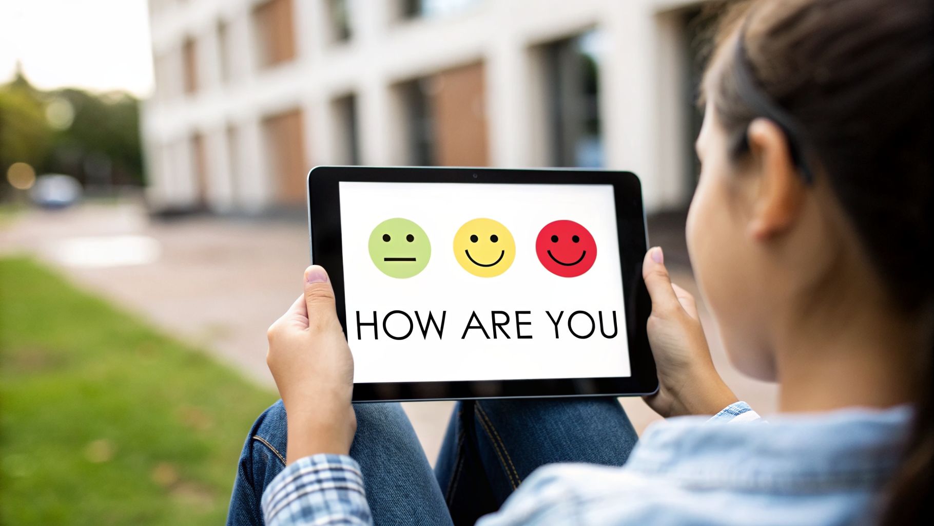A person holds a tablet displaying a "How are you" message with neutral, happy, and sad emoji options.