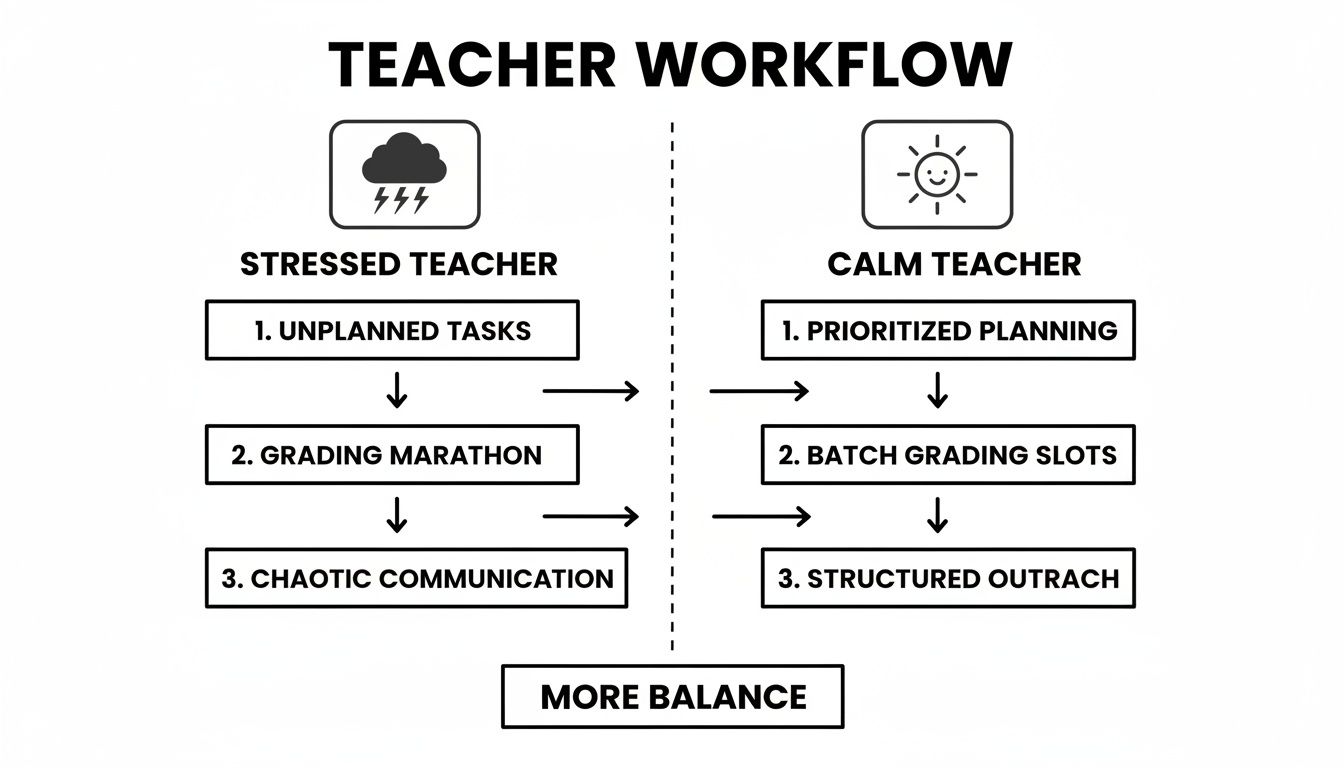 A diagram illustrating stressed versus calm teacher workflows, showcasing pathways to achieve more balance.