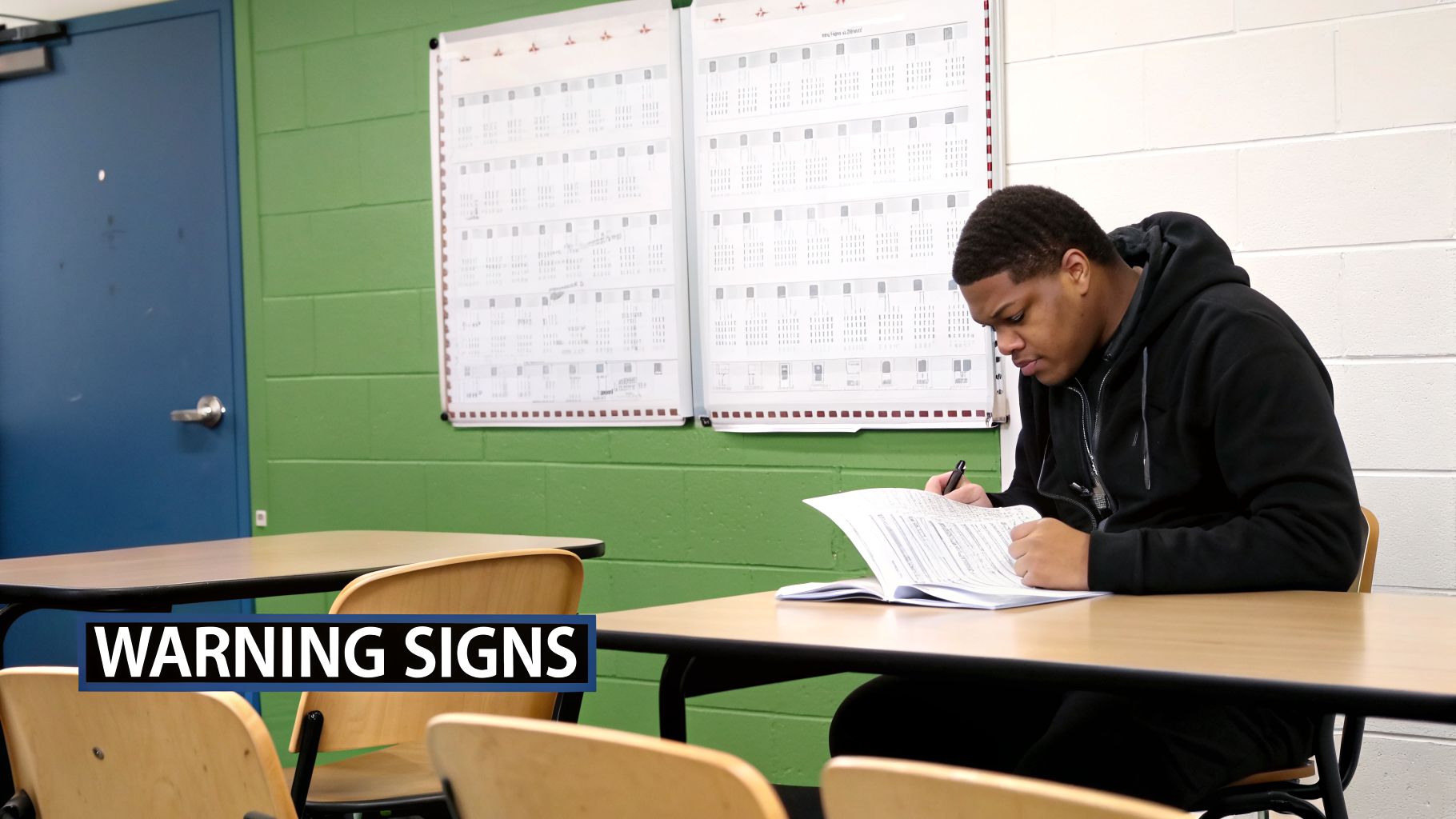 A young man in a black hoodie intently writes in a book at a desk in a classroom setting.