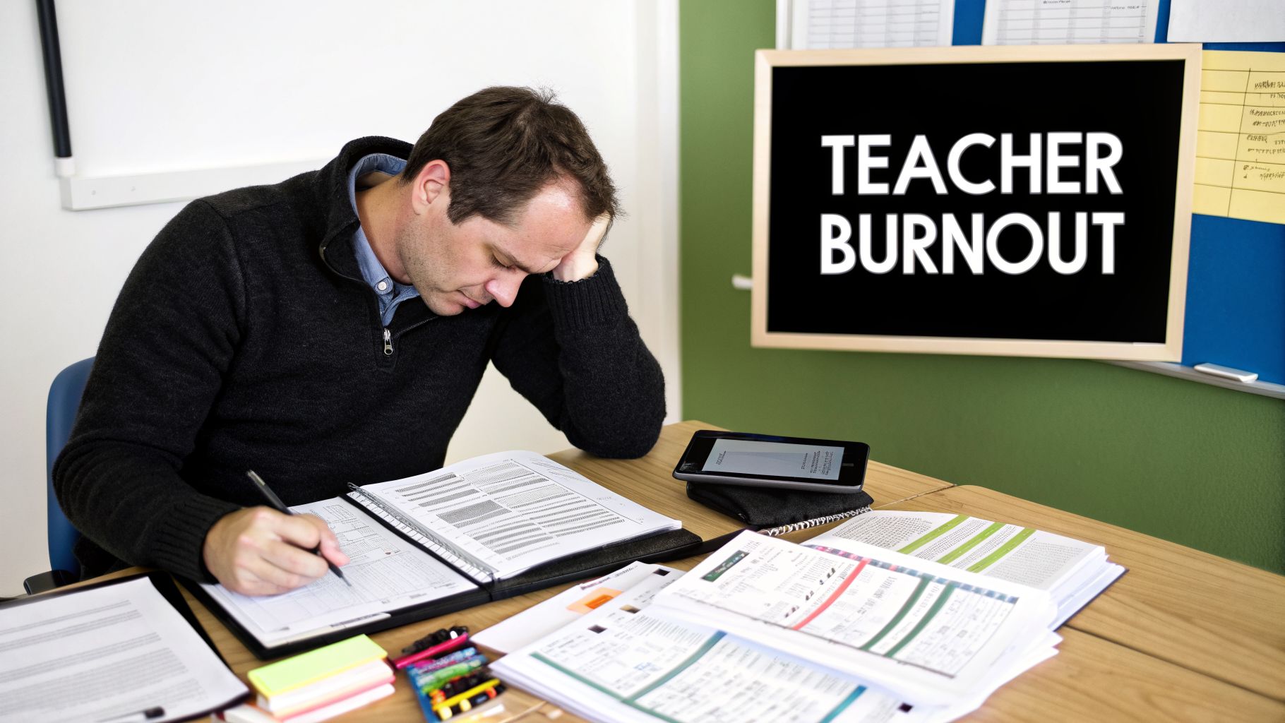 A stressed male teacher sits at his desk surrounded by papers, a blackboard behind him reads 'TEACHER BURNOUT'.