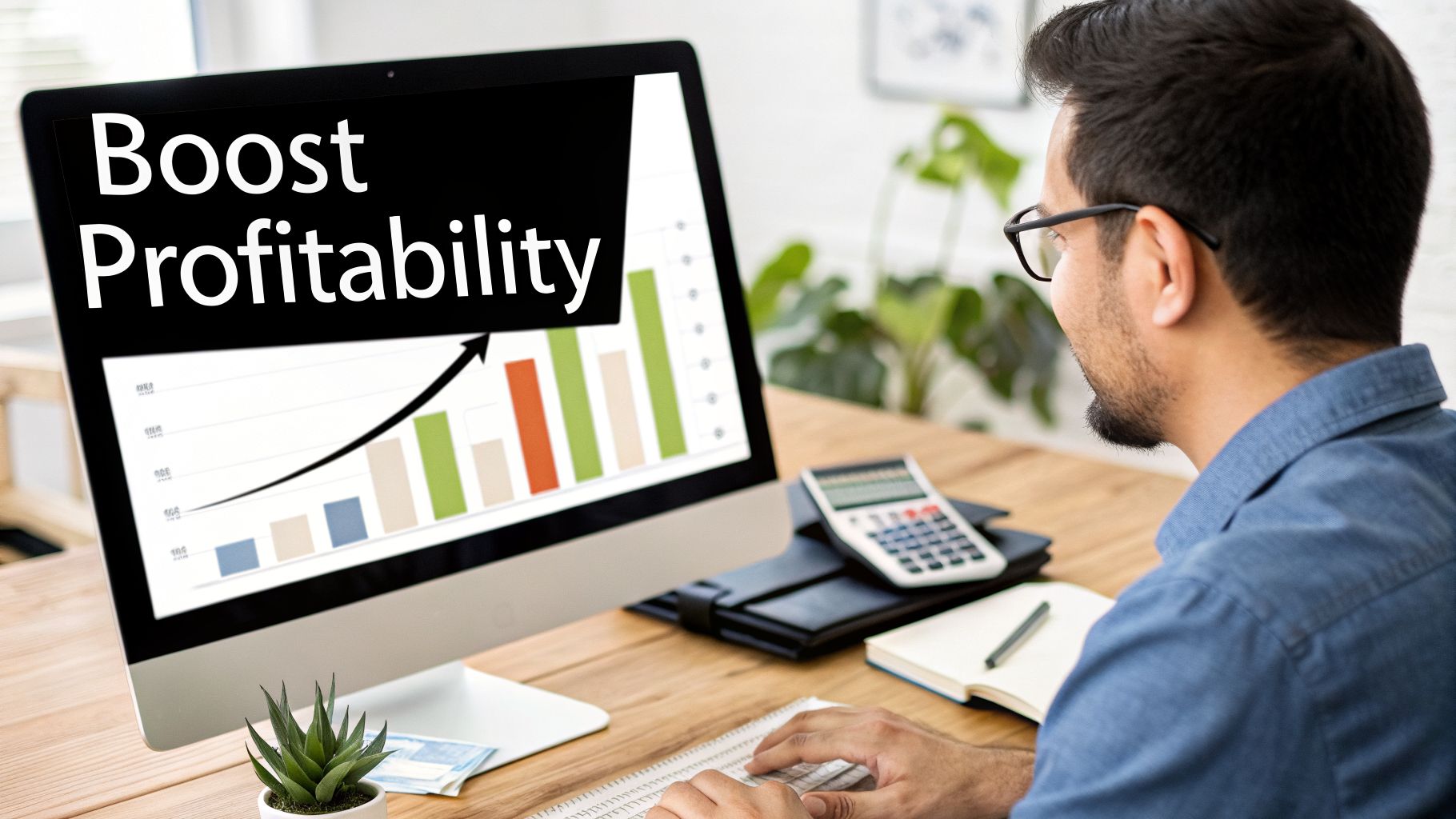 A person works at a desk, looking at a computer screen displaying a 'Boost Profitability' graph with an upward trend.