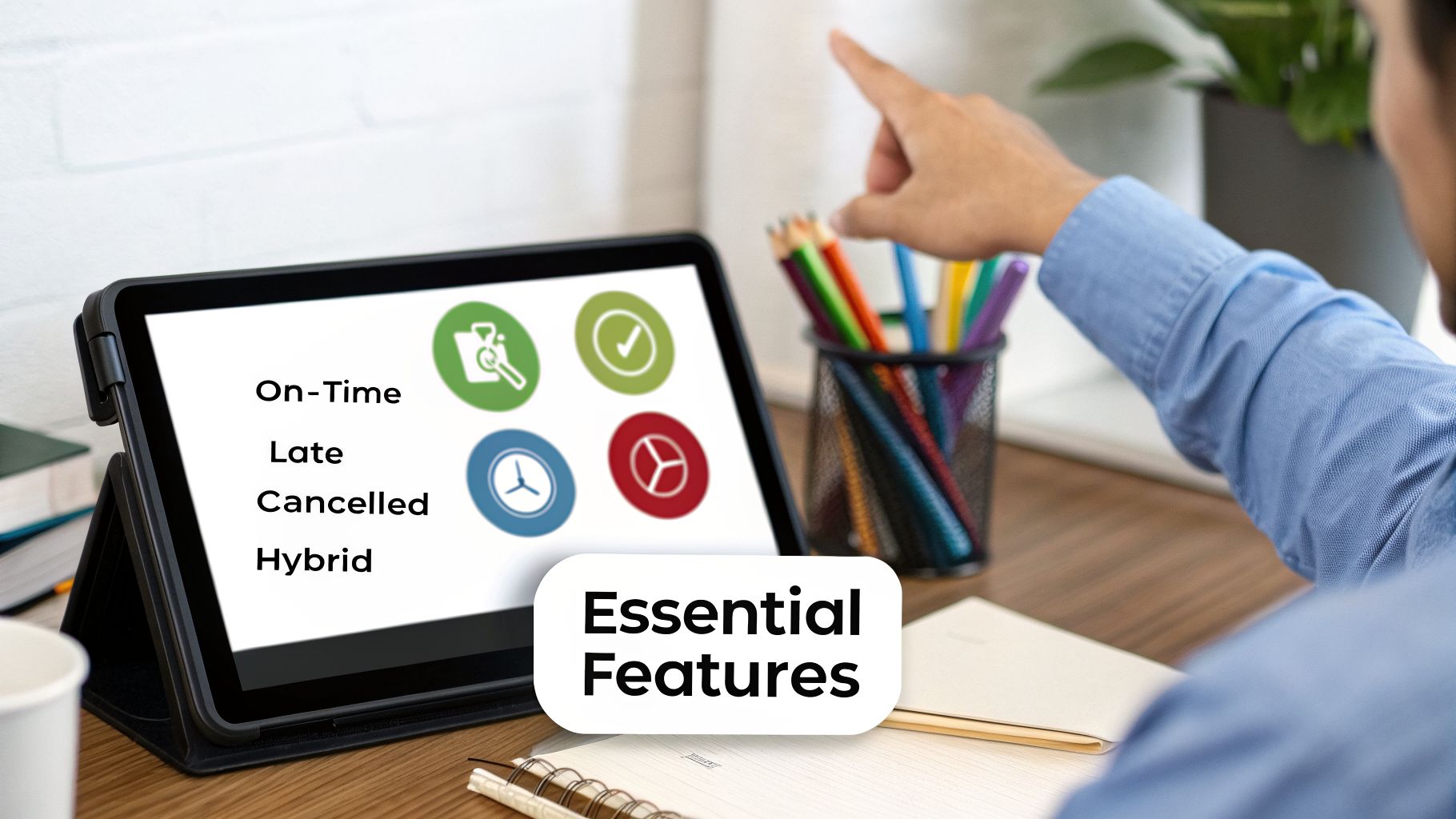 A person points at a tablet displaying 'Essential Features' with options like On-Time, Late, Cancelled, Hybrid.
