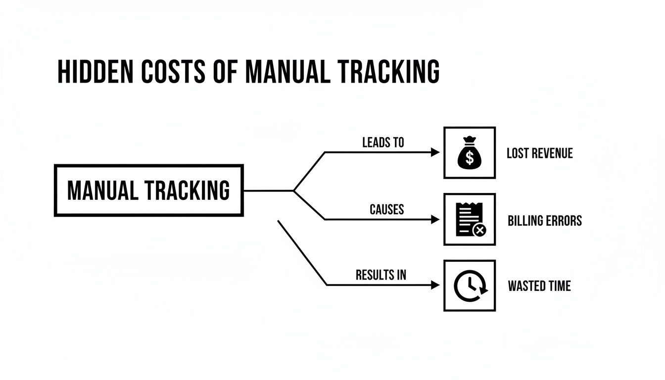 Diagram showing that manual tracking leads to lost revenue, causes billing errors, and results in wasted time.