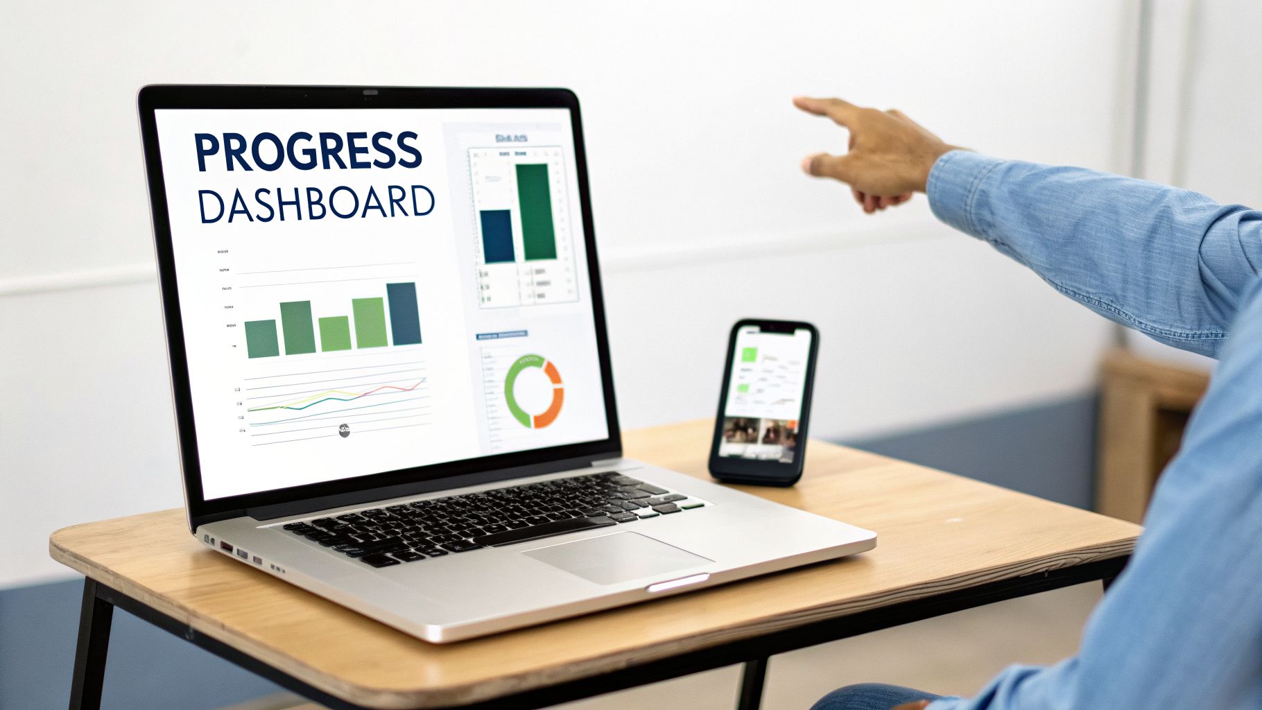 A person's arm points at a laptop displaying a 'Progress Dashboard' with various charts and a smartphone.