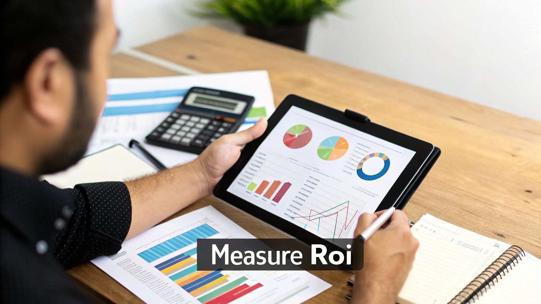 A person analyzes financial data and charts on a tablet, calculating ROI at a desk.