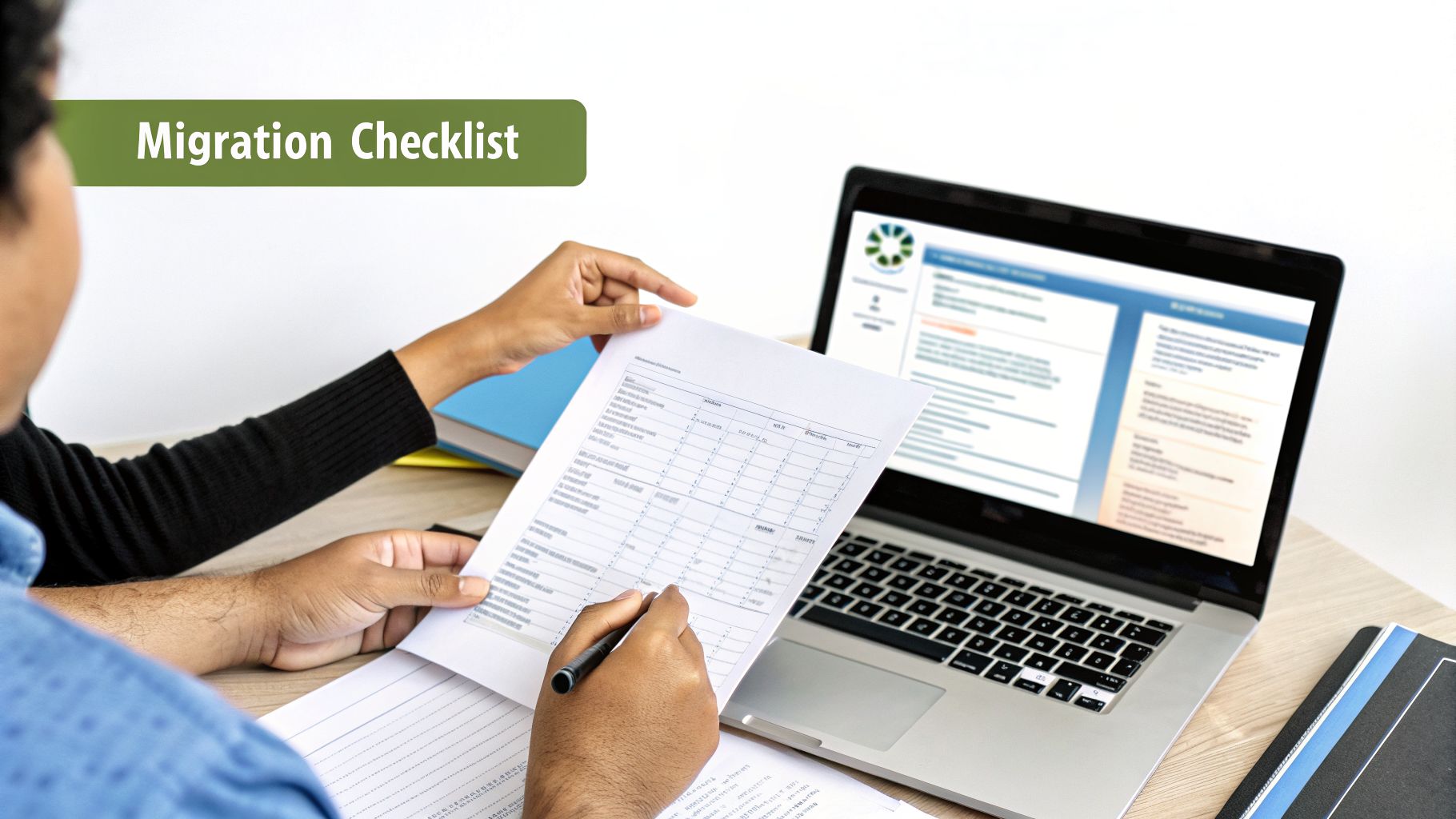 Team members review a migration checklist on paper and a student enrollment system on a laptop.