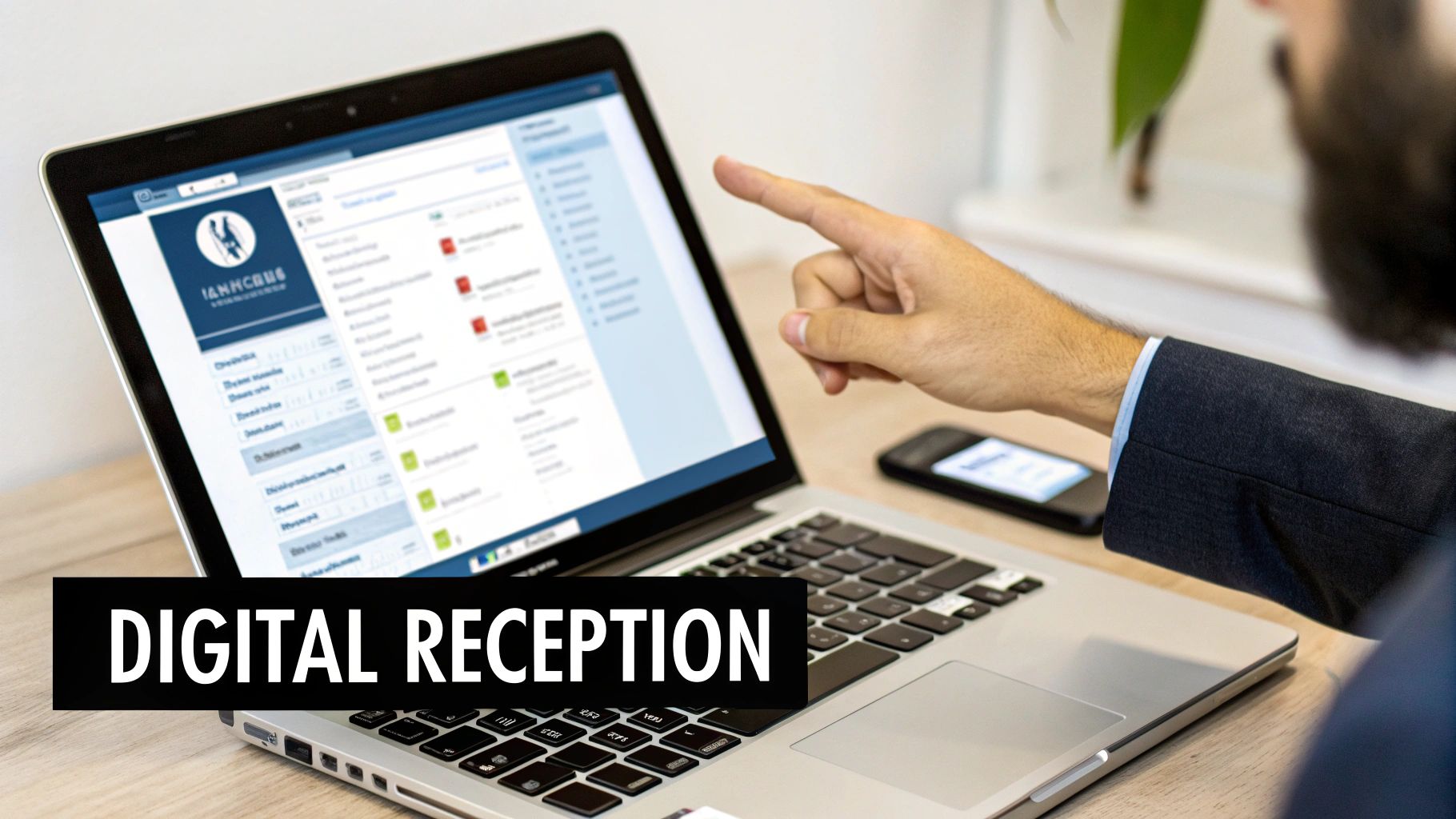 A person in a suit points at a laptop screen displaying a digital reception system with lead tracking.