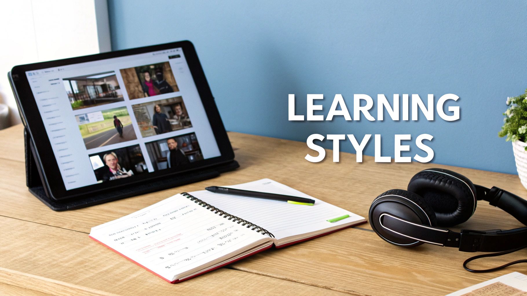 A desk with a tablet showing videos, an open notebook, headphones, and text 'LEARNING STYLES'.