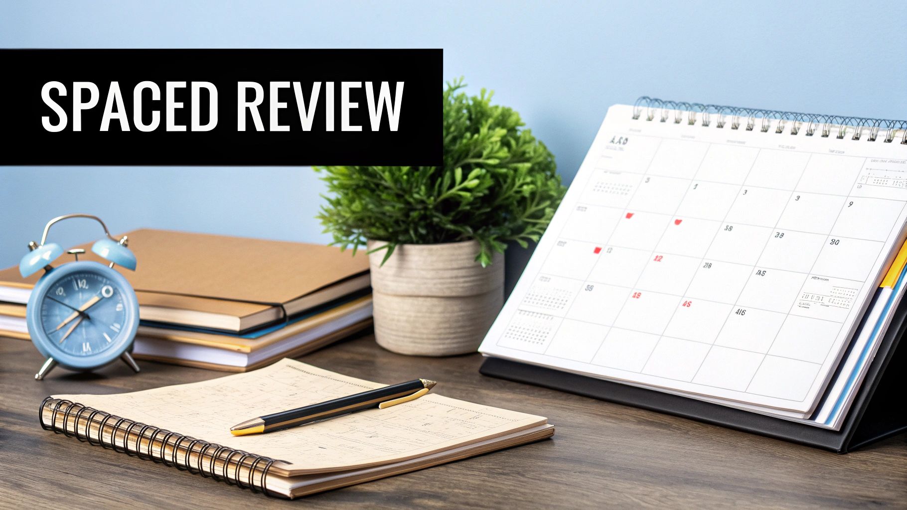 A desk with an alarm clock, notebooks, a calendar, and a pen, featuring 'SPACED REVIEW' text.