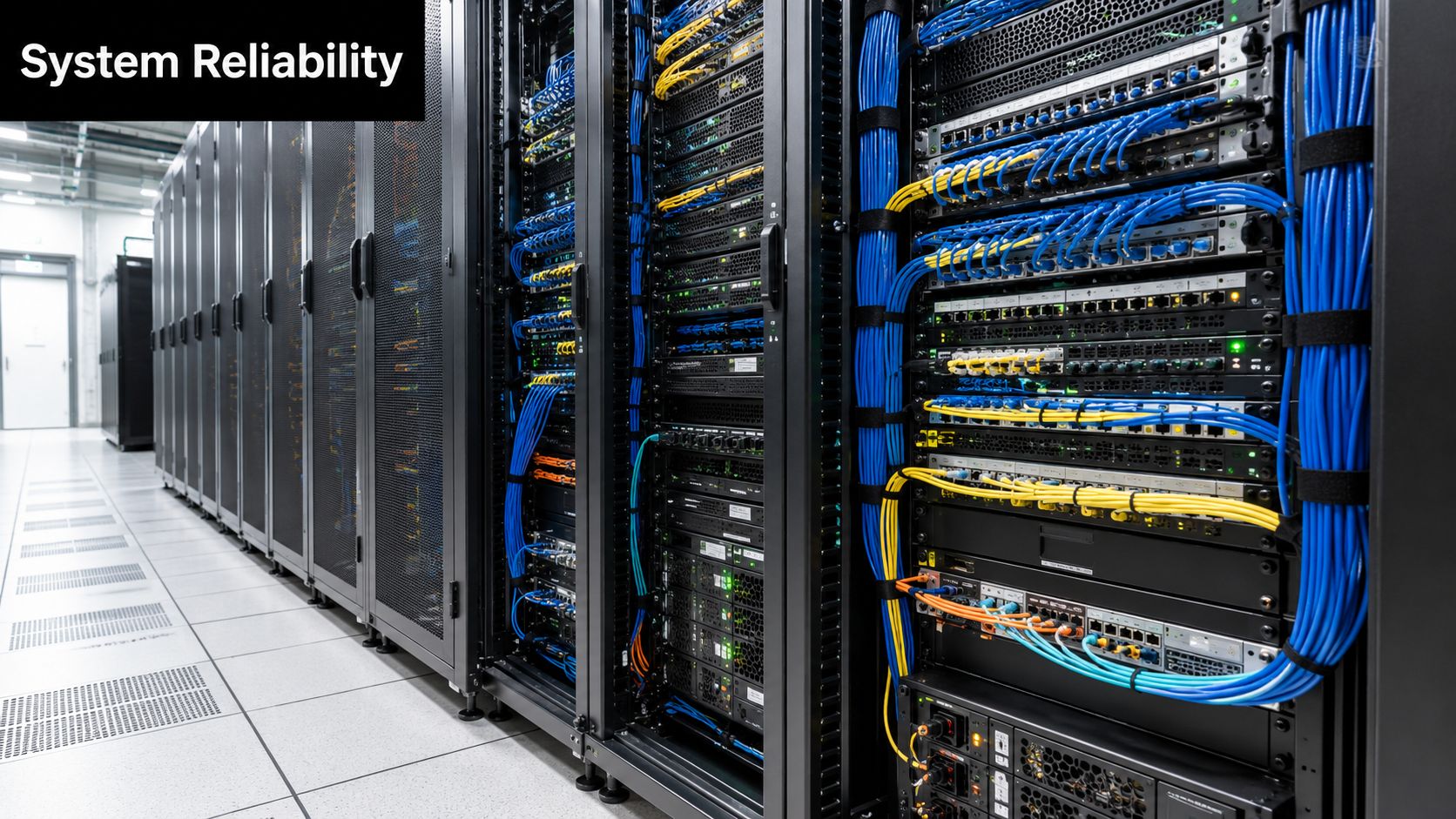 A modern data center server room with rows of black server racks and organized colorful network cables.