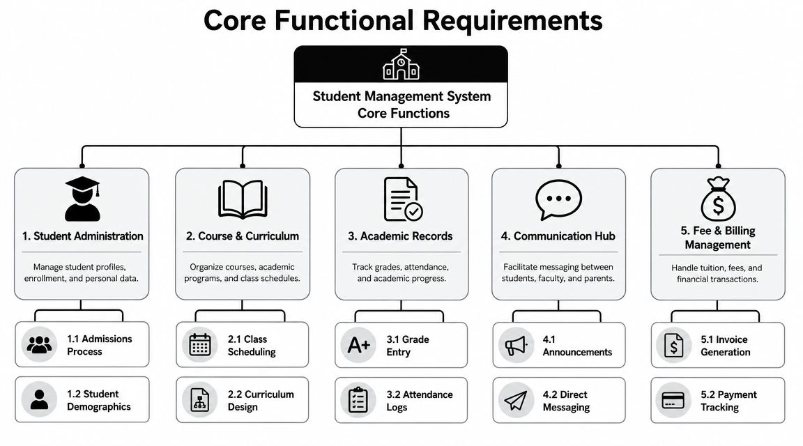 A diagram outlining the core functional requirements for a student management system, categorized into five main modules.