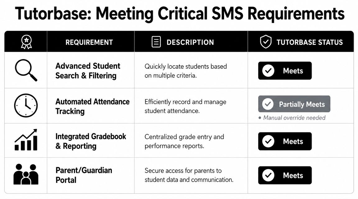 A comparison table outlining Tutorbase software capabilities for student management system requirements with status indicators.