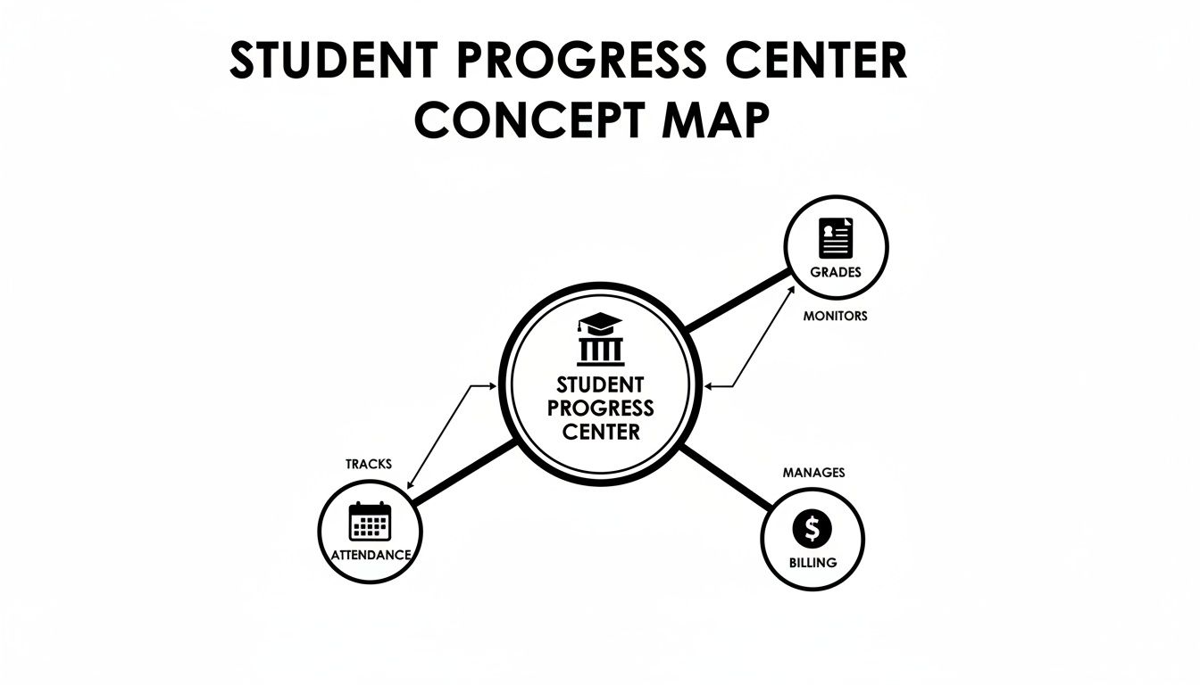 A concept map showing the Student Progress Center at the core, connected to grades, attendance, and billing.