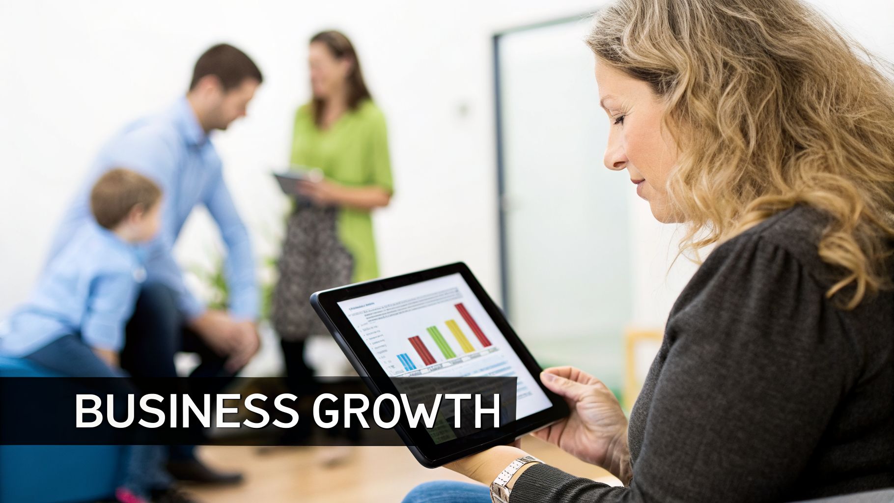 A woman reviews a bar chart on a tablet, with blurred people in the background, symbolizing business growth.