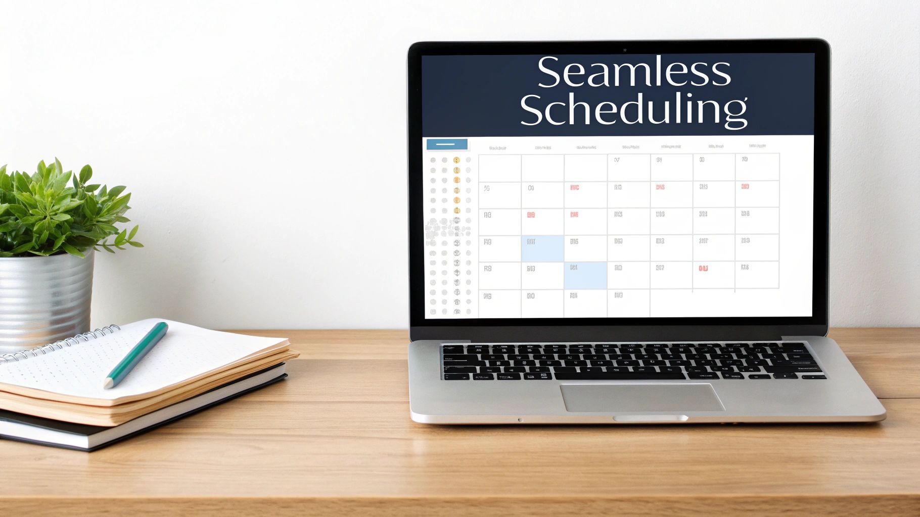 A laptop displaying 'Seamless Scheduling' on a calendar, alongside a plant and notebooks on a wooden desk.