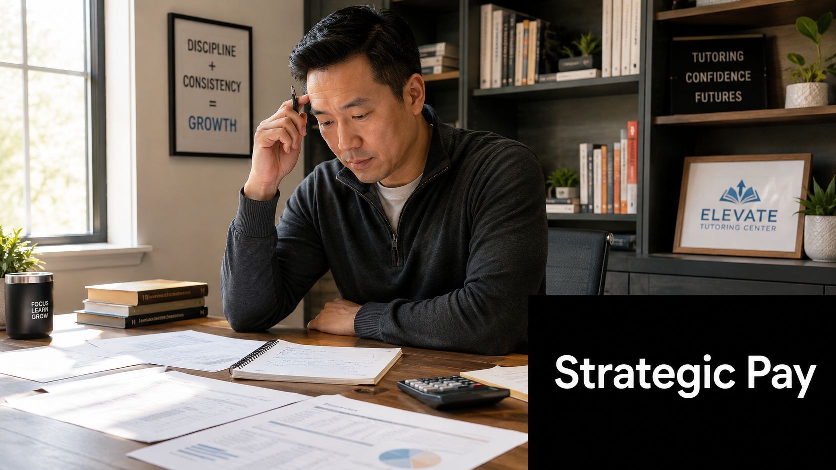 A focused teacher analyzing financial documents and data in a home office study area.