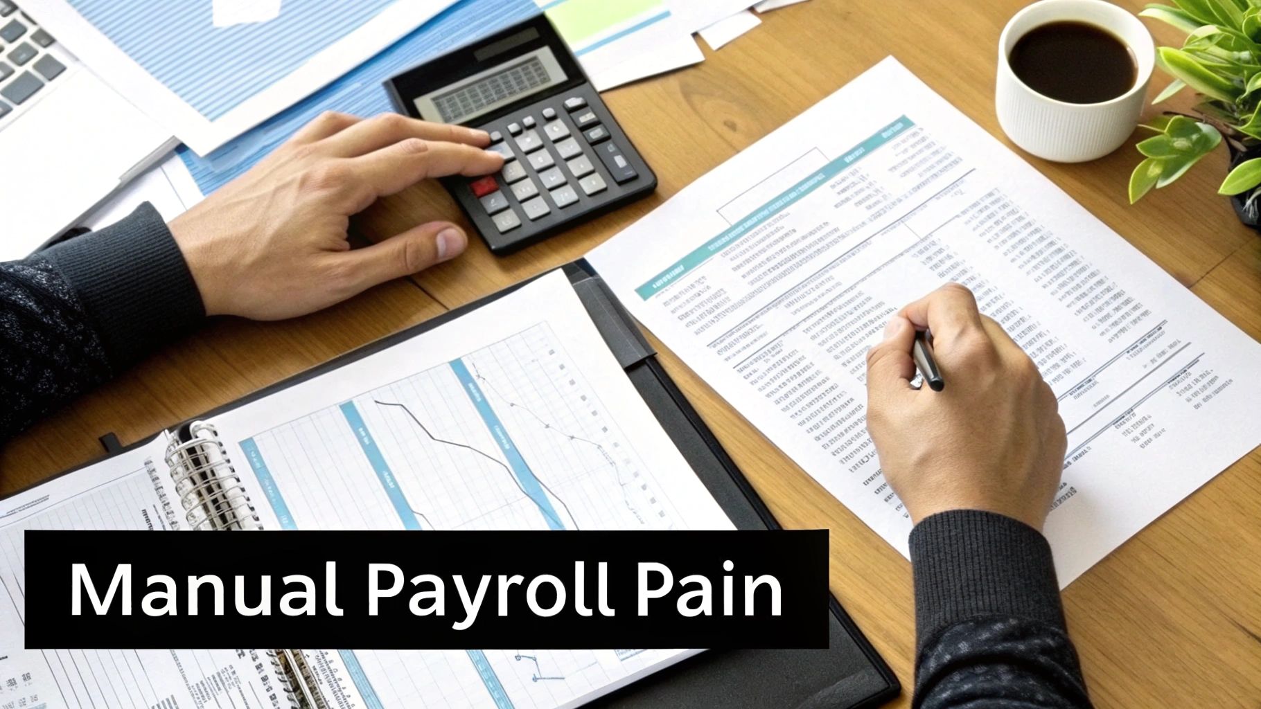 A person manually calculating payroll with a calculator and writing on financial documents.