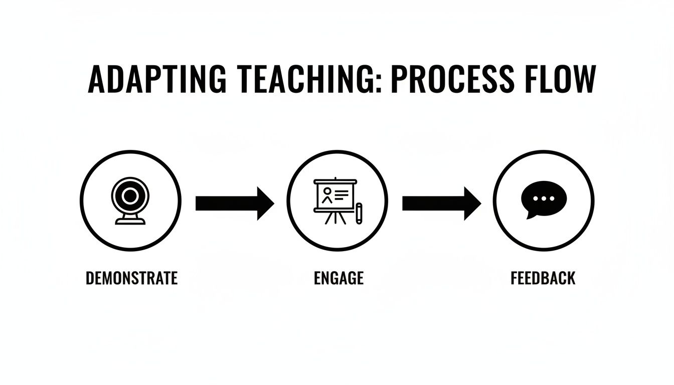 Process flow diagram for adapting teaching, showing three steps: Demonstrate, Engage, and Feedback.