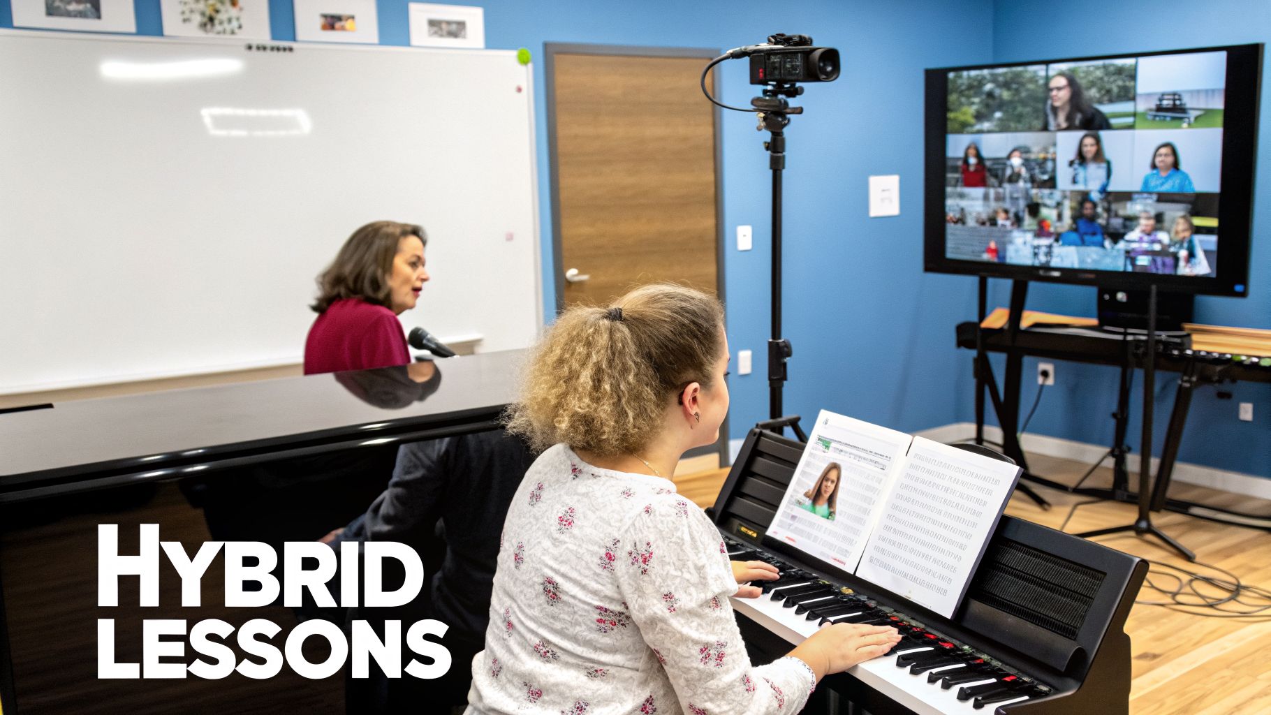 A teacher and student in a music room for a hybrid piano lesson with online participants.